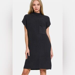 Pocketed Mock Neck Short Sleeve Sweater Dress
